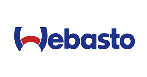 Webasto-Logo in Blau mit stilisiertem roten "W" in Halbkreis-Form.